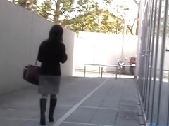 Asian babe leaving a waiting room skirt sharked outside.