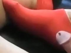 Jerking off (pierced cock), on Red socks