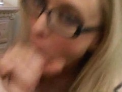 Blonde mom in glasses licking stiff boner