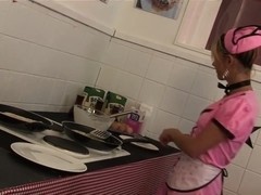 Sexy maids with nice cleavage seduces and get in a group sex while in the kitchen