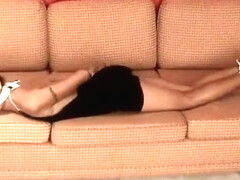 Precious Asian chick hogtied on couch