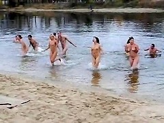 Group skinny dip shows naked boobs
