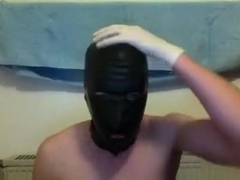 Latex mask and gloves jerk off