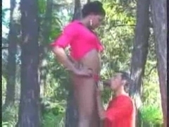 Interracial guy and shemale sex outdoor