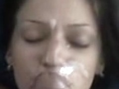 Seductive bitch licking my cock and gets cum on face