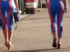 Street candid models in tight tracksuits