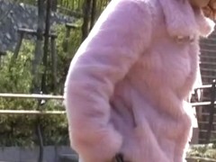 Girly Asian teen in pink Street sharked and pantyless.