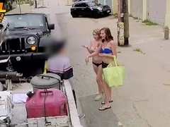 Beach babes bargain with the tow truck driver and get fucked