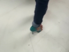 Shopping in high heels with super over-hanging toes
