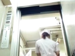 Rude man pulls nurse uniform up in the lift