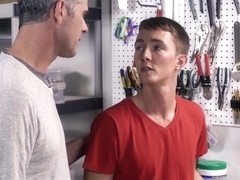 Stepdad catches twink playing with tools and fucks him