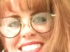 Hawt breasty secretary in glasses masturbates her moist slit
