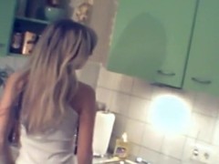 Shy girlfriend getting stripped in her mammas kitchen