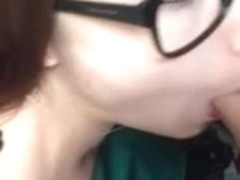 Nerdy asian swallows her first load