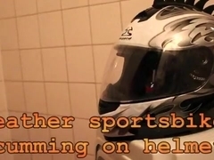 Leather sportsbiker cumming on helmet