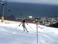 Naked Asian is skiing down the mountain public flash