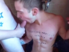 Skinny twink bitch takes on two peckers in his mouth gladly
