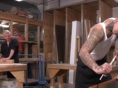 Blonde bdsm sub deepthroats inked doms cock