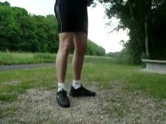 Juvenile pissing in darksome lycra and tn airmax in public park