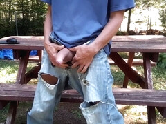 Wank's jeans edging on picnic table #4