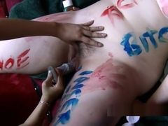 Collared hairy amateur gets body painted by aggressive girlf