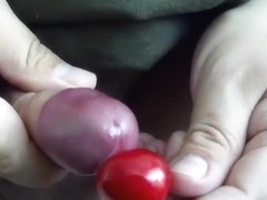 Uncut cock cumming twice on a cherry