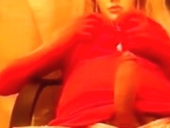 crossdresser plasticface in new red dress