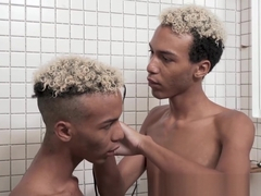 Black twink gets a haircut before jerk off session