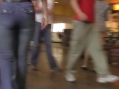 Girls in sexy jeans trousers caught in mall voyeur video