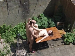 Voyeurs filming teen bitch fucking with old janitors on the terrace