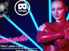 Red Latex Lady Takes A Shower