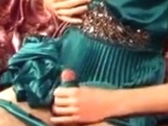 Cumming on green satin dress