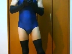 Anal play with school swimsuit and over knee socks.