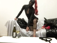 Redhair Crossdresser in Latex Pillow Hump and Anal Bottle Fuck
