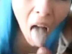 Blue hair whore engulfing &amp; receives her sexy face overspread in cum