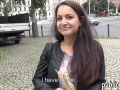 Amateur brunette Czech girl flashes tits and public sex