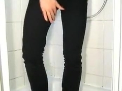 peeing slender dark cord jeans after desperation