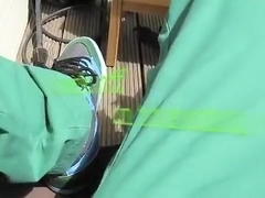 Jerk-off in a green pants and colorful underwear.