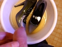 Pissing in wifes stiletto high heels over and over again