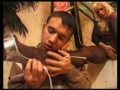 Sexy mother i'd like to fuck gives a footjob with darksome hose