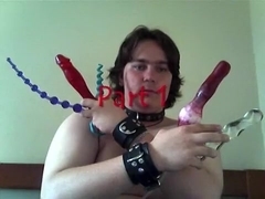 Mixed toy session with tied cock and balls, part 1