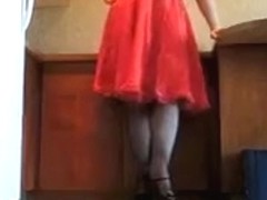 girlsy Ray in Red Silky Dress and Slip