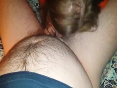 Fat guy gets his cock sucked and cums into her mouth