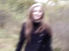 Wonderful teen slut Abi sucks cock for money in the forest