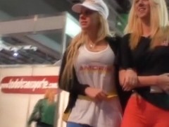 Street candid video with sexy blonde in red pants