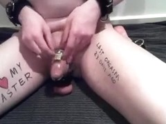 Chastity bondman rides his Brent Corrigan vibrator for his Slavemaster