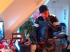 Smoke and jerk off in biker leather jacket