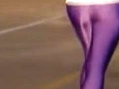 Bright lilac pants on the long legs of candid running babe 03zh