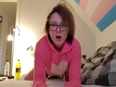 Cute femboy riding dildo while wearing cute pink hoodie