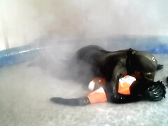 Frogman humps and shoots over surfer in shallow pool water